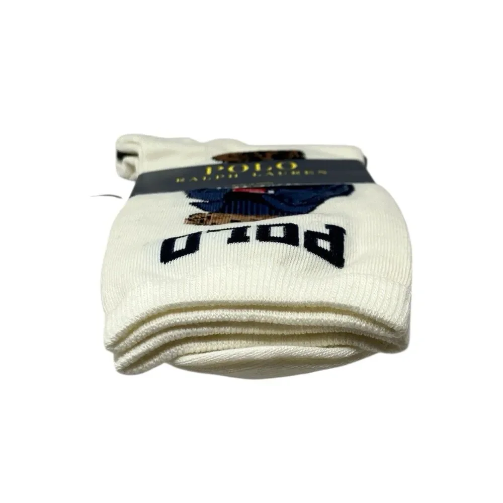 Polo Ralph Lauren Womens Ivory Polo Bear Flag Sweater Crew Socks Preppy